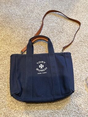 Tory Burch Navy Canvas Messenger Tote with Tan Leather Strap